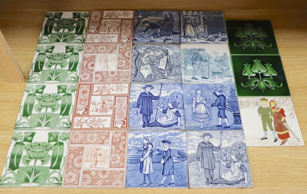 A collection of 19th/early 20th century transfer-printed and moulded wall tiles,